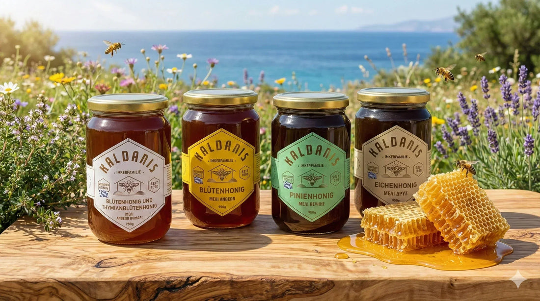 Original griechischer Honig im Vergleich: Thymianhonig, Pinienhonig, Eichenhonig, Blütenhonig