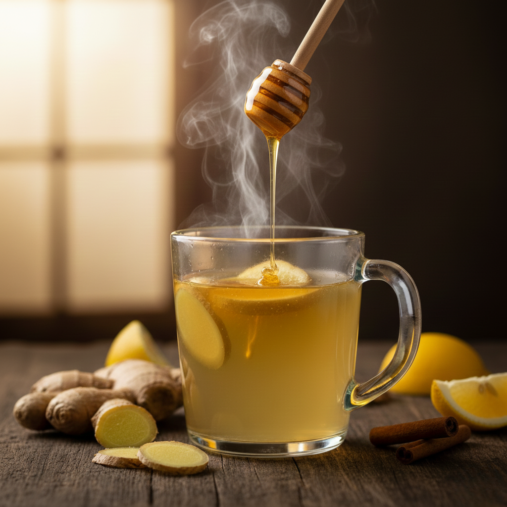 Griechischer Honig Rezept Lauwarmes Zitronen-Ingwer-Getränk mit einem Löffel flüssigem Kaldanis Rohhonig