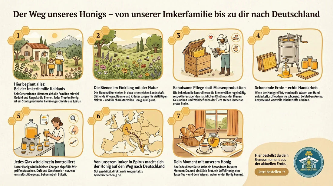Illustrierte Schritt-für-Schritt-Grafik: Der Weg unseres Honigs von der Imkerfamilie Kaldanis in Epirus über Bienen in der Natur, schonende Pflege, Handernte und Glasabfüllung bis zum Versand nach Deutschland und zum Frühstückstisch des Kunden