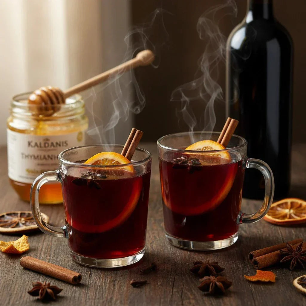 Rezept Oinomelo griechischer Honigwein mit Thymianhonig & Rotwein – warmes Getränk für den Winter