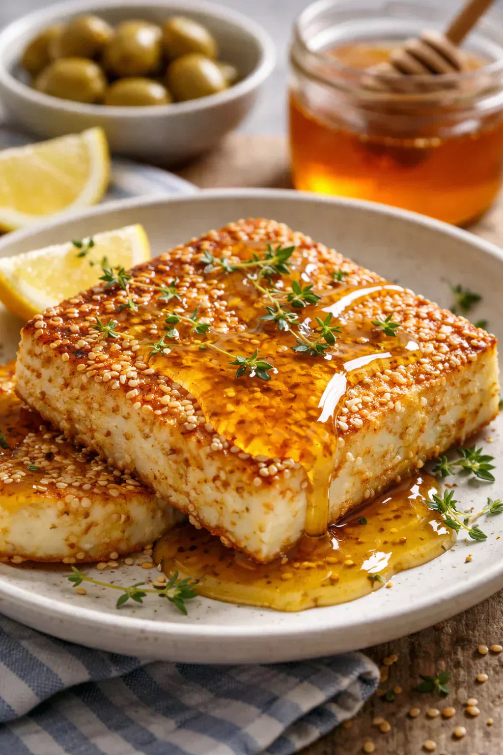 Knusprig gebratener Feta in Sesamkruste, warm serviert und mit Honig beträufelt, dazu Thymian, Oliven und Zitrone im Hintergrund.