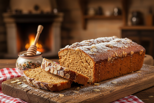 Sliced Bavarian honey cake on wooden cutting board, warm spiced loaf, golden brown crust, honey drizzle, rustic autumn setting"