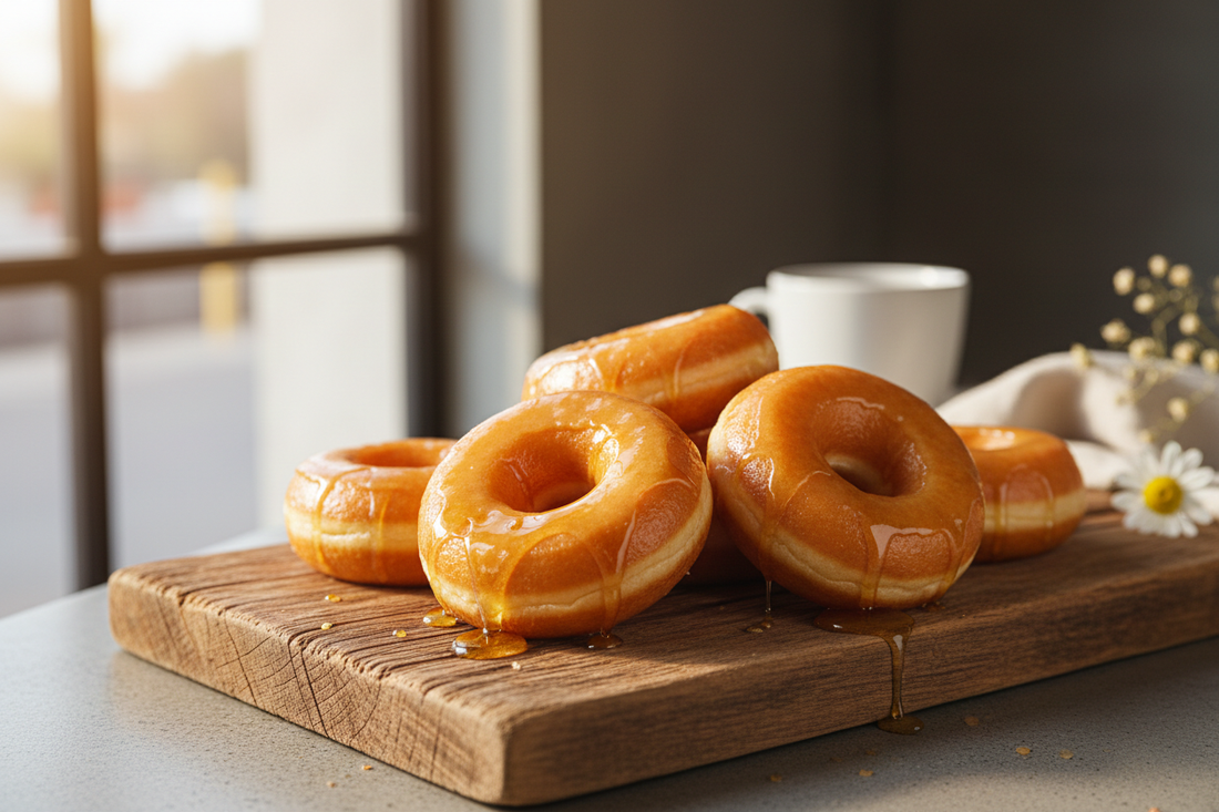 "Homemade honey glazed donuts on parchment paper, golden glaze dripping, rustic kitchen background, natural light food photography"