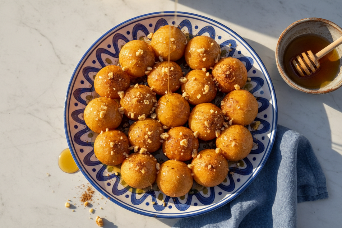 "Greek loukoumades honey puffs in white bowl, golden fried dough balls soaked in honey syrup, sesame seeds, Athens street food, close-up food photo"
