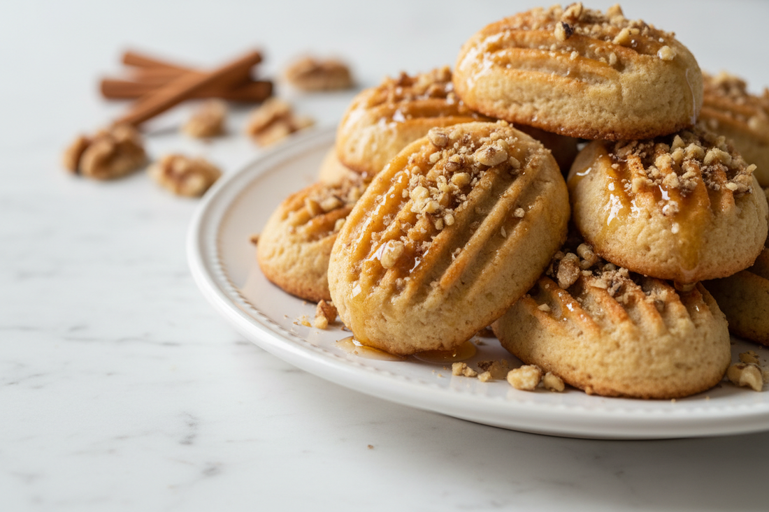 "Greek honey cookies melomakarona on rustic wooden board, drizzled with dark thyme honey, crushed walnuts, warm golden light, food photography"
