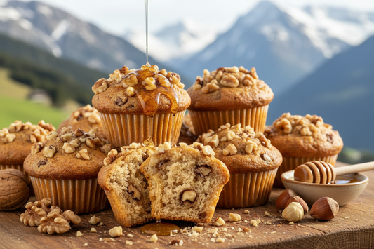 "Honey hazelnut muffins on wooden board, golden brown tops, one broken open showing fluffy interior, honey jar beside, natural light"