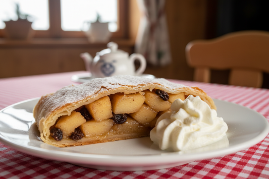 "Sliced apple strudel on white plate, golden flaky pastry, apple filling visible, honey drizzled on top, Austrian style, warm food photography"