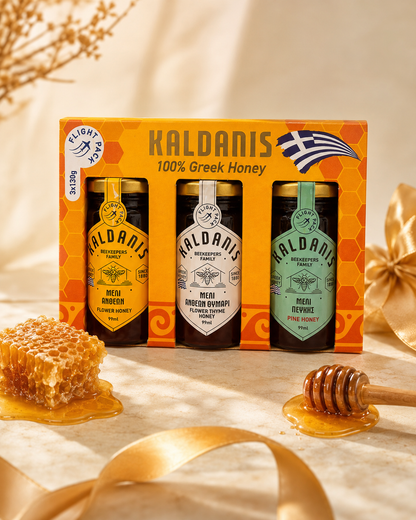 Geschenkbox Griechischer Honig mit drei Gläsern à 99 ml – Thymian-, Pinien- und Orangenhonig von Kaldanis