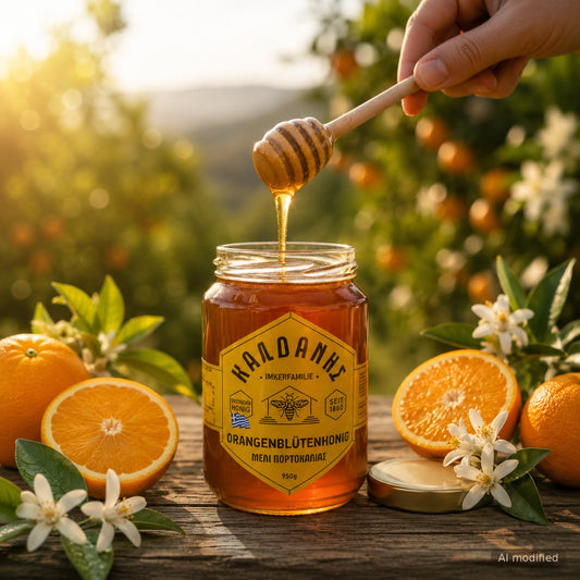 Orangenhonig von Kaldanis – heller Blütenhonig mit Orangengeschmack aus Arta