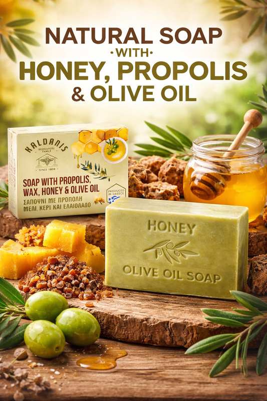 Stück Naturseife mit Propolis, Wachs, Honig und Olivenöl von Kaldanis, 100 g