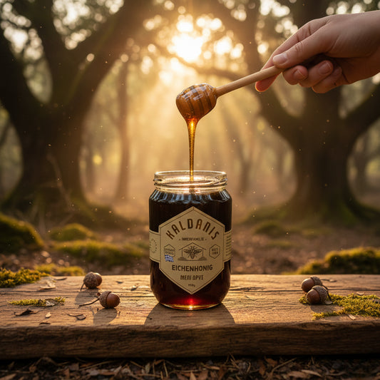 Griechischer  Eichenhonig aus dem Pindos Nationalpark (Valia Kalda), seltener griechischer Waldhonig von Kaldanis.