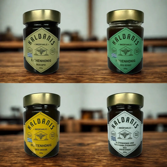 4er Set Kaldanis Honig Thymianhonig, Blütenhonig,Eichenhonig,Pinienhonig jeweils 450g