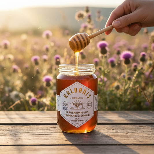 Dunkler bernsteinfarbener Thymianhonig von der Insel Lefkada, traditionell geimkert von Familie Kaldanis.