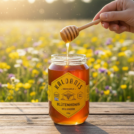 Hellgoldener Wildblütenhonig aus dem Tal Lakka Souli (Epirus), milder Frühlingshonig der Imkerfamilie Kaldanis.